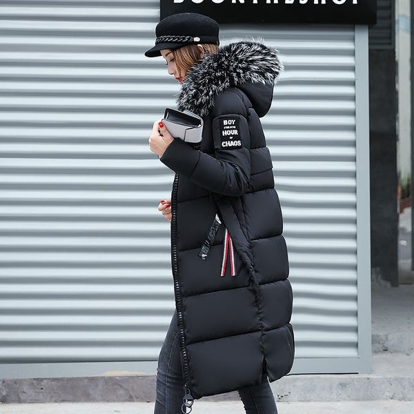Womens Down Parkas Winter Jacket Big Fur Collar Thick Slim Coat Fashion Hooded Cotton Outerwear Long Winter Woman Coat
