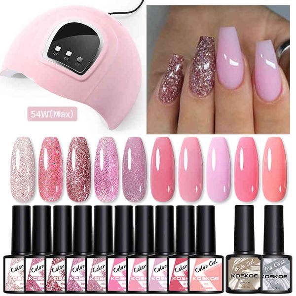 KOSKOE 10-12Pcs With 54W Lamp Dryer Set Base Top Coat Glitter Hybrid Varnish Soak Off UV Nail Art Gel Polish