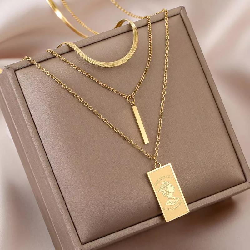 Pendant Necklaces Stainless Steel Multi-layer Coin Chain Choker Necklace For Women Gold Color Fashion Portrait Chunky Jewelry