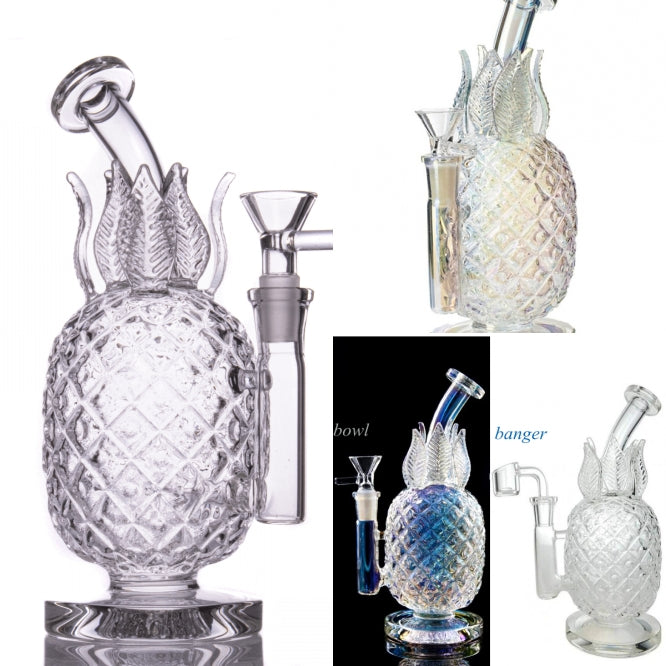 Blue Pink Green hookahs Bongs Beaker Base Coil Spiral Perc Straight Tube Thick Glass Dab Rigs Colorful pineapple shape