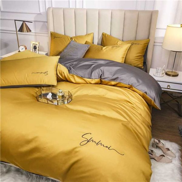 OLOEY 60S long-staple cotton Bedding Set Egyptian Solid color embroidery Duvet Cover Bed Sheet spread Fit sheet bed set 211007