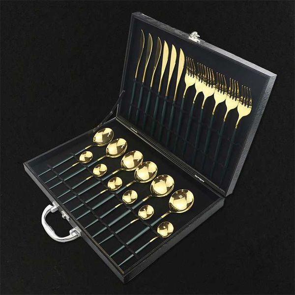 24Pcs Colorful Dinnerware Set Stainless Steel Cutlery Kitchen Mirror Gold Tableware Knife Fork Spoon Dinner 211012