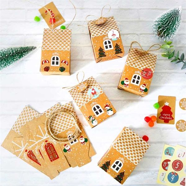24 Sets Christmas House Gift Box Kraft Paper Cookies Candy Bag Snowflake Tags 1-24 Advent Calendar Stickers Rope Party Supplies 211018