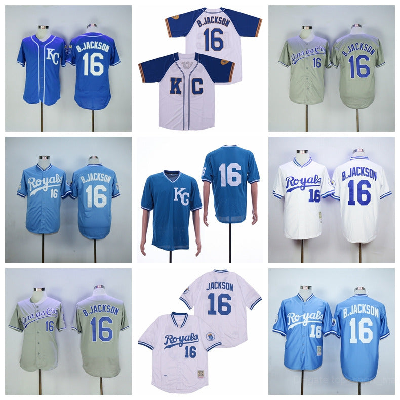 Retro 1985 1980 1987 Retire 16 Bo Jackson Vintage Baseball Jersey BP Pullover Flexbase Cool Base All Stitched Team Home Blue White Grey