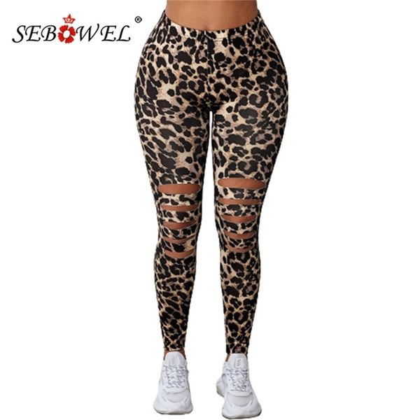SEBOWEL Leopard-Solid Black Woman High Waist Hollow Out Skinny Fit Stretch Leggings Female Casual Long Pants S-XL 211204