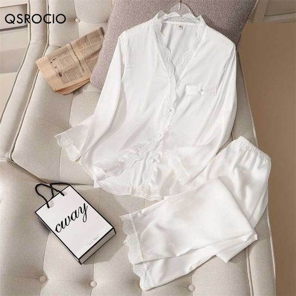 QSROCIO Women&#039;s Pajamas Set Vintage V Neck Lace Sleepwear Silk Like Nightie Leisure Home Clothes Nightwear Pyjamas Femme 211215