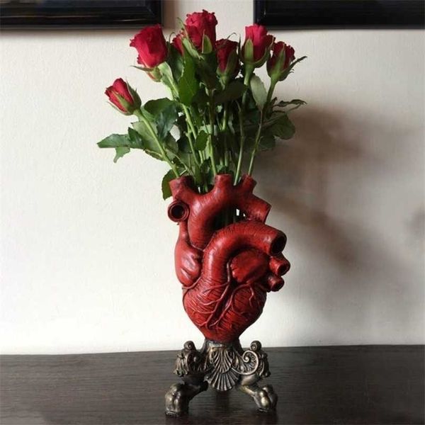 Vases Heart Shape Vase Resin Flower Pot Home Decoration Realistic Statue Sculpture Ornament Office Living Room Decor 211215 H250116