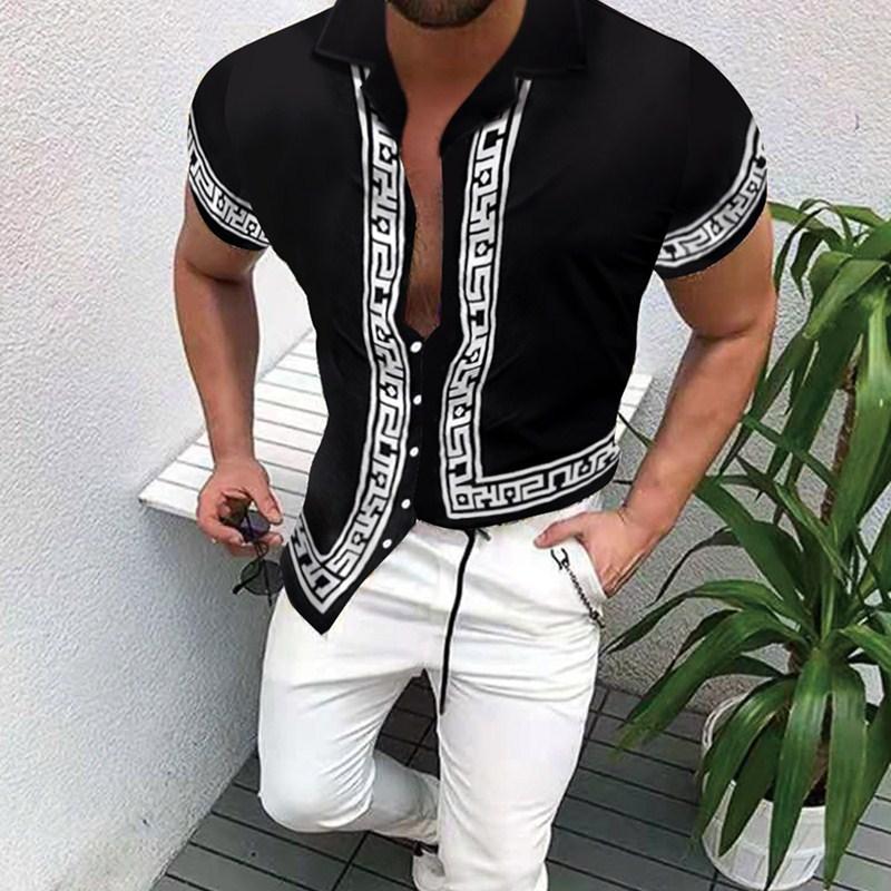 Plus Size Men Casual vintage Shirts blouses short Sleeve summer Black white printed Shirt Loose Fit Print Pattern Man Clothes xxxl tops