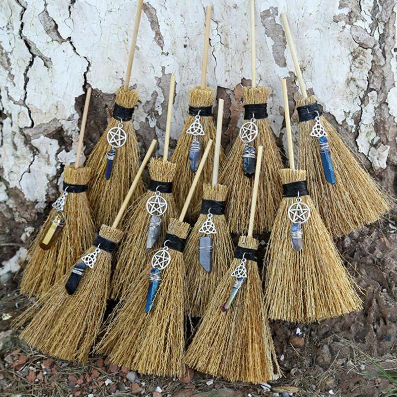 Charms Dust Removal Broom Wicca Celtic Pentagram Mini Witch Witchcraft Accessories Raw Crystal Altar 9types