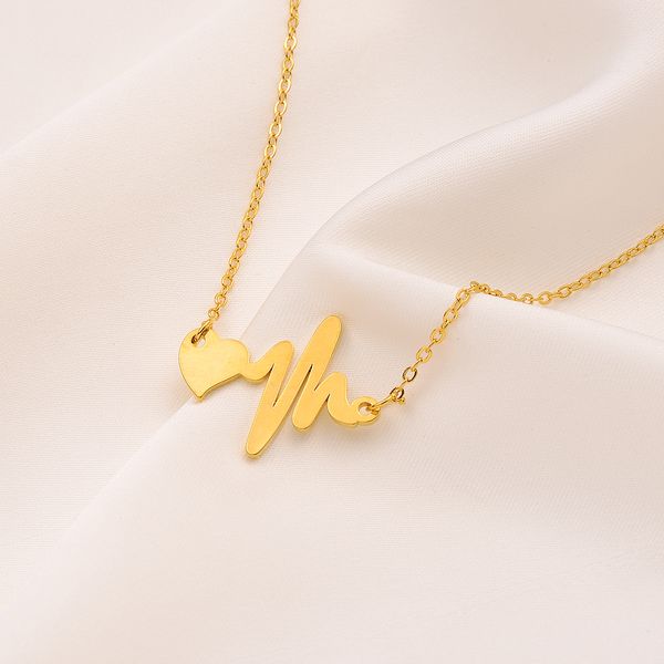 Initial Heartbeat Necklace Pendant Heart Fine 9K G-F Yellow Gold Couple Ekg Electro cardiogram Rhythm Chokers