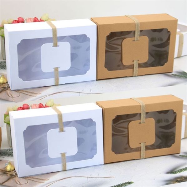 12pcs Kraft Paper Candy Box Favor Gift Box PVC Clear Window Cookies Treats Boxes Christmas Year Wedding Party Decoration 211108