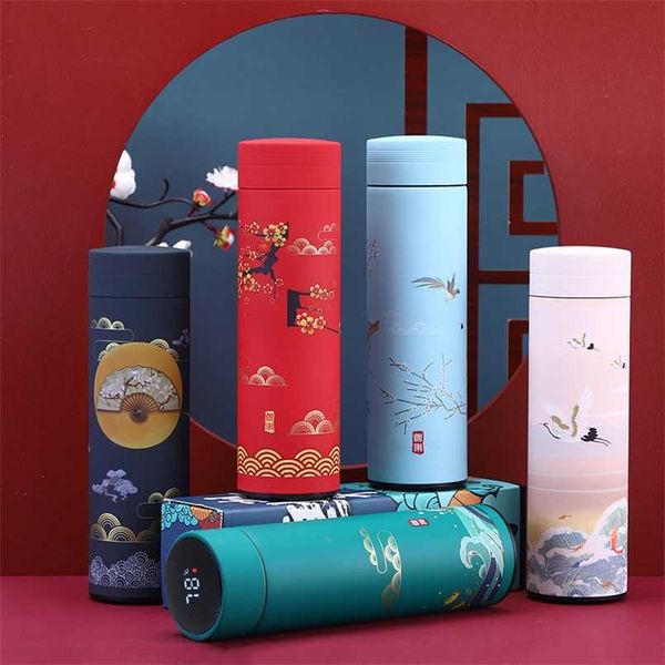 Chinese Style Thermo Bottle Cup Smart Temperature Display Potable Heat Hold Vacuum Flask For Thermos Mug Cups 500ML 211109