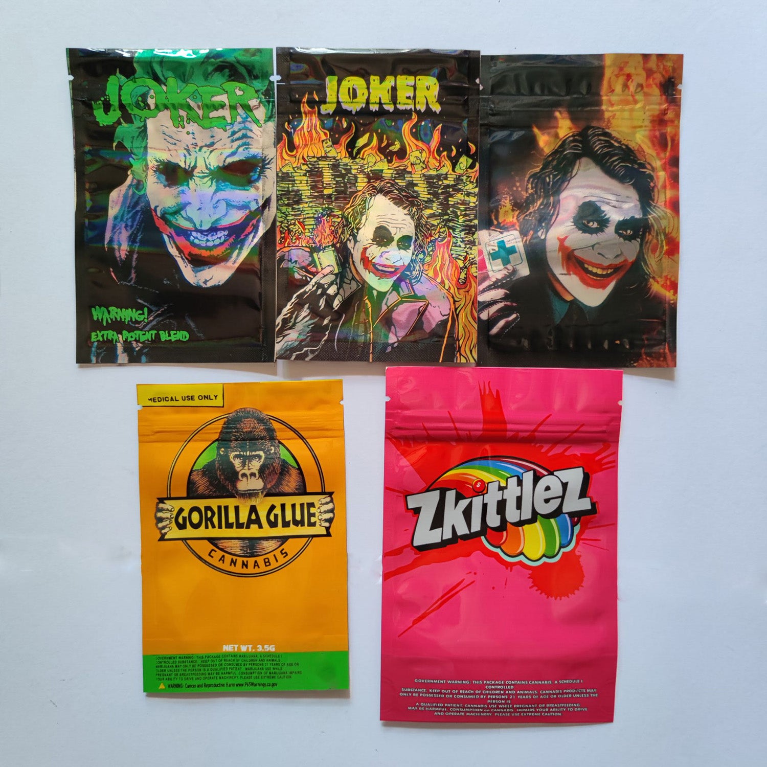 EMPTY 420 packaging Joker zkittlez mylar Resealable Foil Bags Rice Krispies treats dry flowers Gorillas Glue edibles gummies bag Smell Proof plastic