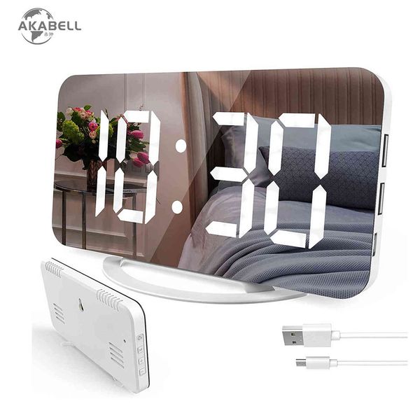 AKABELL Digital Alarm Clock 7&quot; Large LED Mirror Electronic Clocks with Touch Snooze Dual USB Charge Desk Wall Modern Clocks 211111