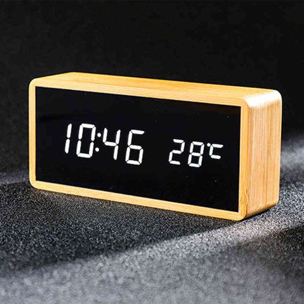 100% Bamboo Digital Alarm Clock Adjustable Brightness Voice Control Desk Large Display Time Temperature USB-Battery Powered 211111