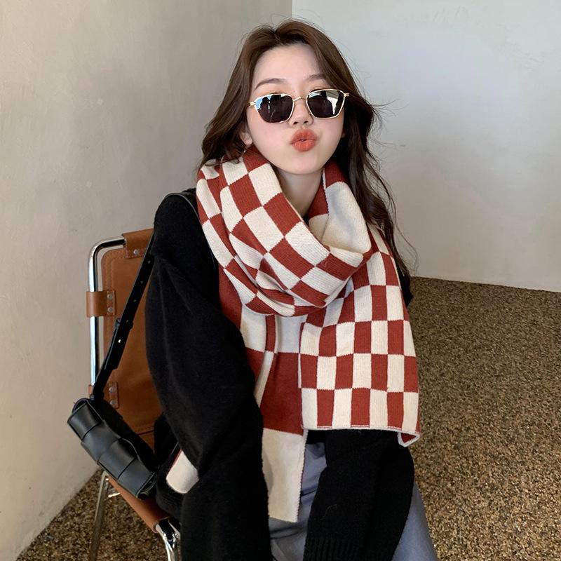 Scarves Autumn And Winter Woman Chess Plaid Scarf Knitted Wool Warm Muffler Fashion Cashmere Shawl Women Luxury