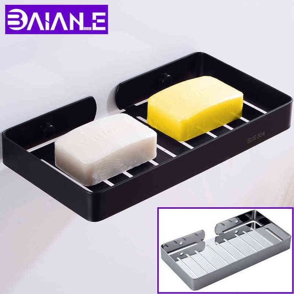 Bathroom Soap Dish Black Lengthen Shower Soap Holder Shampoo Box Stainless Steel Soap Rack Wall Mounted Cosmetic Storage Rack 211119