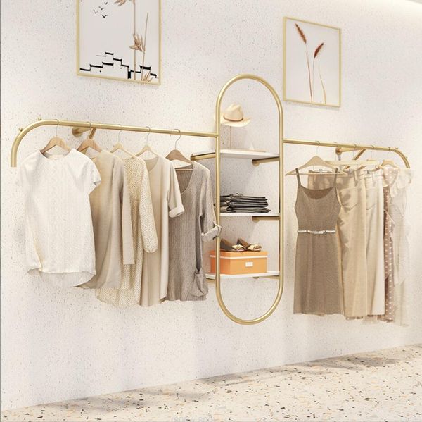 Clothing store display rack Commercial Furniture women&#039;s cloth shop shelf wall hanging clothes racks special gold
