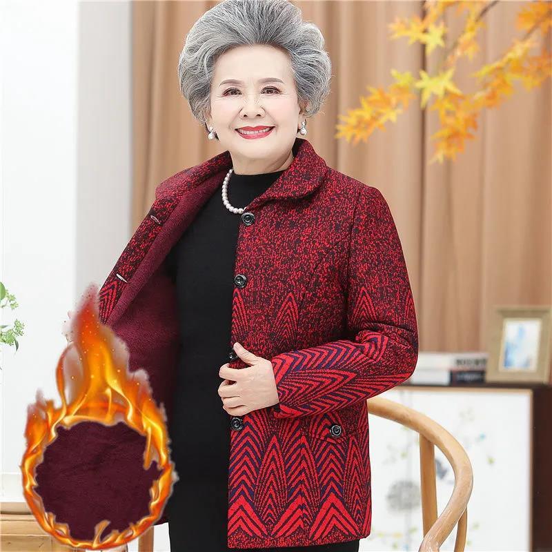 Women&#039;s Jackets 2021 Grandma&#039;s Autumn Winter Jacket Female Mothers Long-Sleeved Coat Plus Velvet Padded Keep Warm Elderly Outerwear