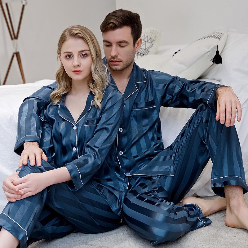 Men&#039;s Sleepwear Tmall Seller Thin Close-fitting Stain Silk Pyjamas Set Women Men High Quality Home Cardigan Striped Long Sleeve Pijama Suit