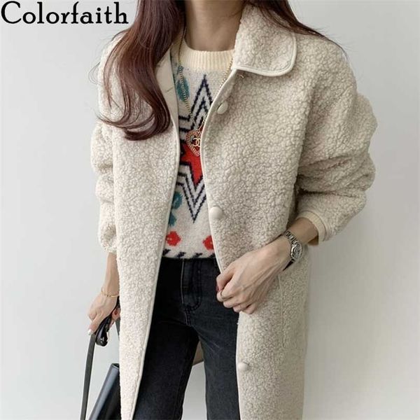 Colorfaith Autumn Winter Women Jackets Warm Korean Style Office Lady Coat Outerwear Wool Blends Wild Long Tops JK1280 211130