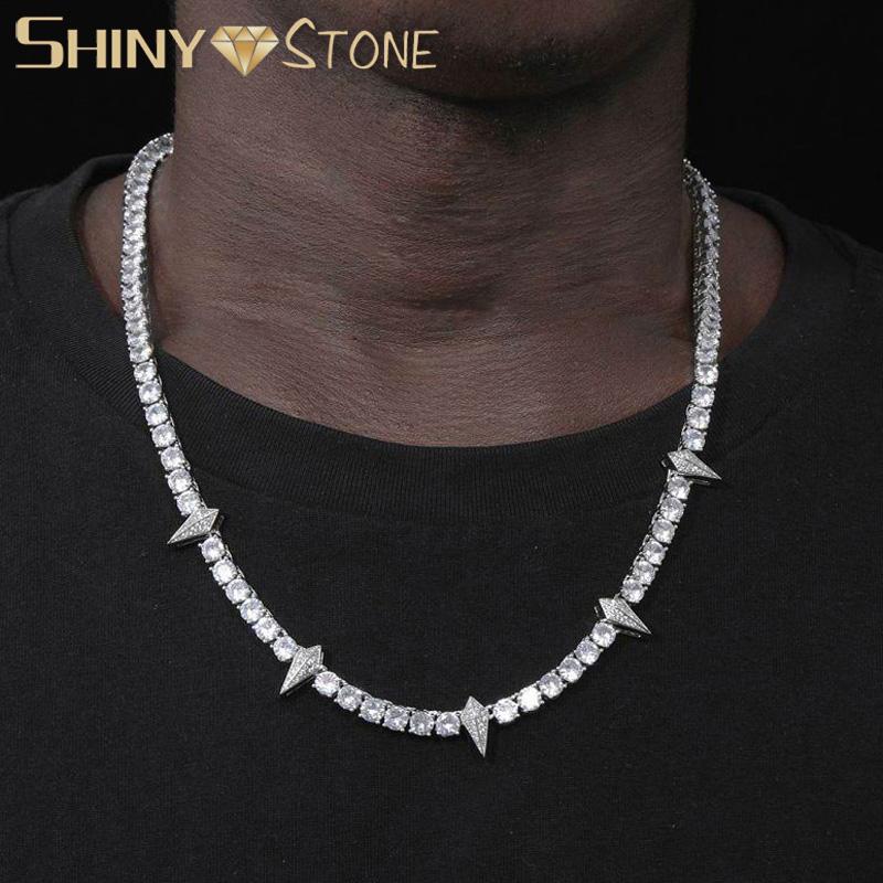 Chokers High Quality Iced Out Spike Pendant Necklace With 5mm Tennis Chain Bling 5A Cubic Zircon Gold Silver Color Hip Hop Men Jewelry