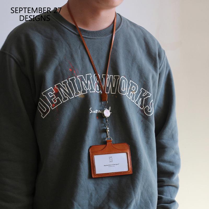 Card Holders Cross ID Badge Holder For Office Work Genuine Leather Lanyard Neck Strap Reel Bus Wallet Student Teacher