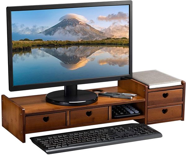 Bamboo 2-Tier Monitor Stand Riser with 3 Storage Drawers, Office&Home Retro Shelf Organizer for Laptop, Desktop Computer, Cellphone,Printer,