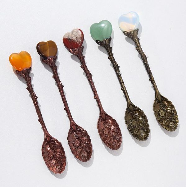 Natural Heart Shaped Crystal Stone Spoons DIY Gem Household Long Handle Coffee Spoon Kitchen Tool SN6181