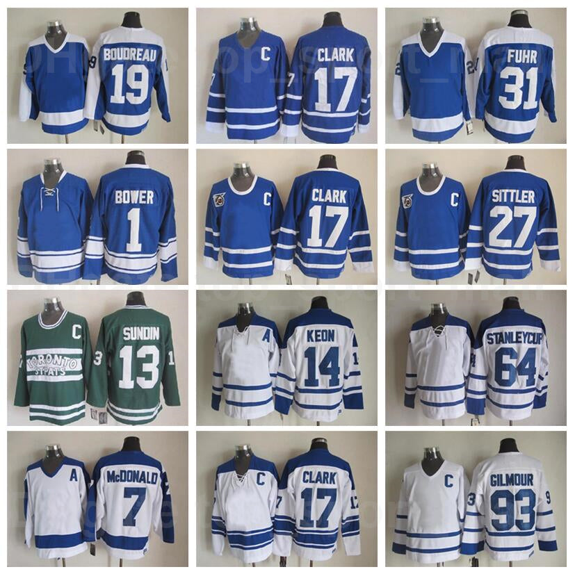Retro Hockey 27 Darryl Sittler Jersey 17 Wendel Clark 13 Mats Sundin 93 Doug Gilmour 28 Tie Domi 7 Tim Horton 14 Dave Keon 1 Johnny Bower 16 Darcy T
