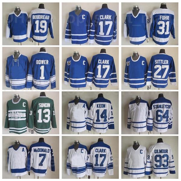 Retro Hockey 27 Darryl Sittler Jersey 17 Wendel Clark 13 Mats Sundin 93 Doug Gilmour 28 Tie Domi 7 Tim Horton 14 Dave Keon 1 Johnny Bower 16