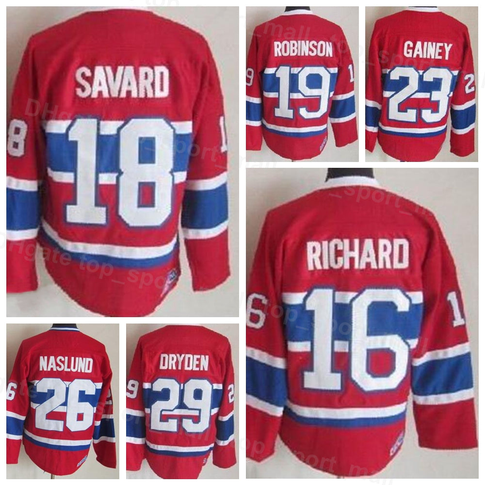 Men Vintage Retro Ice Hockey 16 Henri Richard Jersey 18 Serge Savard 19 Larry Robinson 23 Bob Gainey 26 Mats Naslund 4 Jean Beliveau 1 Jacques Plant