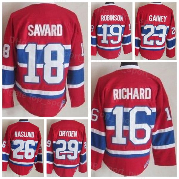 Men Vintage Retro Ice Hockey 16 Henri Richard Jersey 18 Serge Savard 19 Larry Robinson 23 Bob Gainey 26 Mats Naslund 4 Jean Beliveau 1 Jacqu