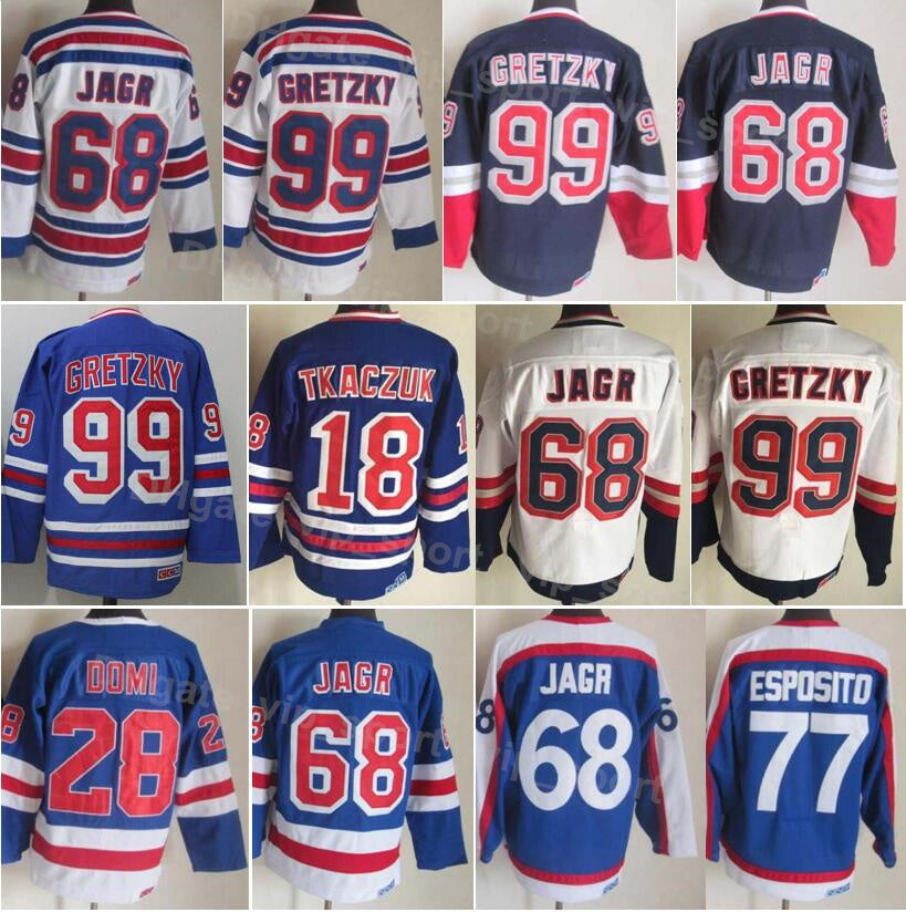 Men Ice Hockey Vintage Retro 77 Phil Esposito Jersey 28 Tie Domi 99 Wayne Gretzky 18 Walt Tkaczuk 68 Jaromir Jagr Stitched 75th Anniversary Navy Blu