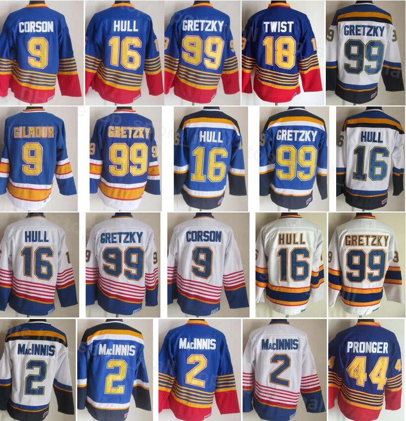 Ice Hockey Vintage Retro 16 Brett Hull Jersey 99 Wayne Gretzky 9 Doug Gilmour 18 Tony Twist 2 Al Macinnis 44 Chris Pronger 7 Joe Mullen Sport Stitch