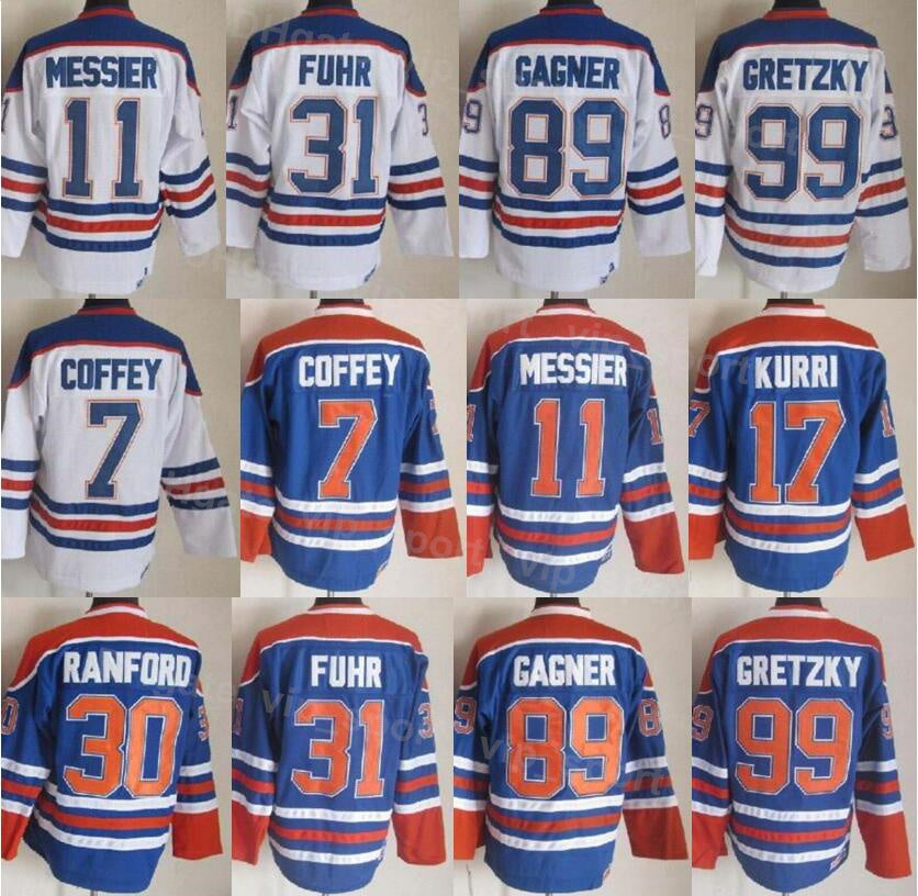 Men Ice Hockey Vintage Retro 11 Mark Messier Jersey 30 Bill Ranford 7 Paul Coffey 89 Sam Gagner 17 Jari Kurri 31 Grant Fuhr 99 Wayne Gretzky Blue Wh