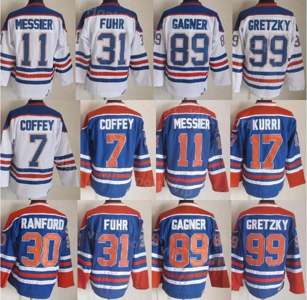 Men Ice Hockey Vintage Retro 11 Mark Messier Jersey 30 Bill Ranford 7 Paul Coffey 89 Sam Gagner 17 Jari Kurri 31 Grant Fuhr 99 Wayne Gretzky