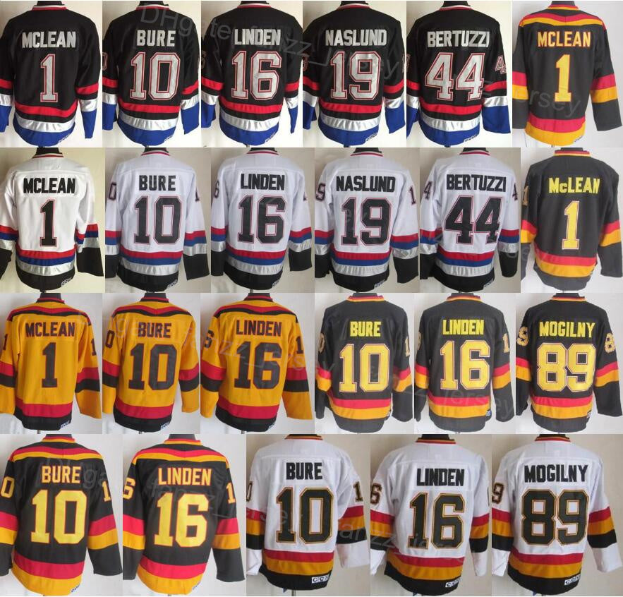 Men Retro Ice Hockey Vintage 16 Trevor Linden Jerseys 10 Pavel Bure 44 Todd Bertuzzi 89 Alexander Mogilny 19 Markus Naslund Stitched White Black Yel