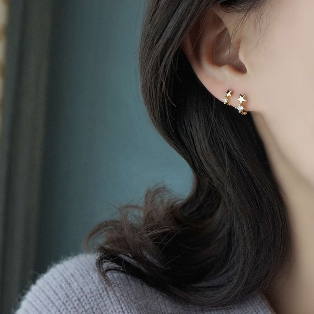 S925 Sterling Silver exquisite Mini zircon five pointed nail star water drill female small Earbone Ring earring