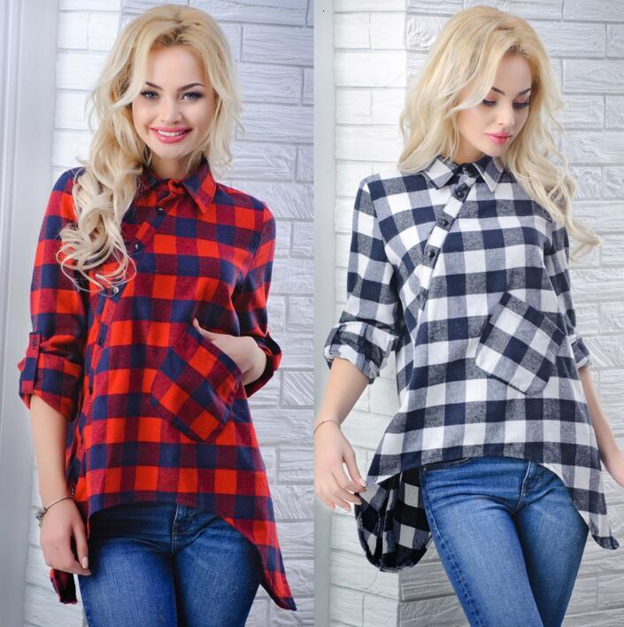 Blouses & Fashion Loose Women&#039;s Casual Shirts Long Sleeve Turn-down Collar Side Forking Button Lady Plaid Shirt Tops