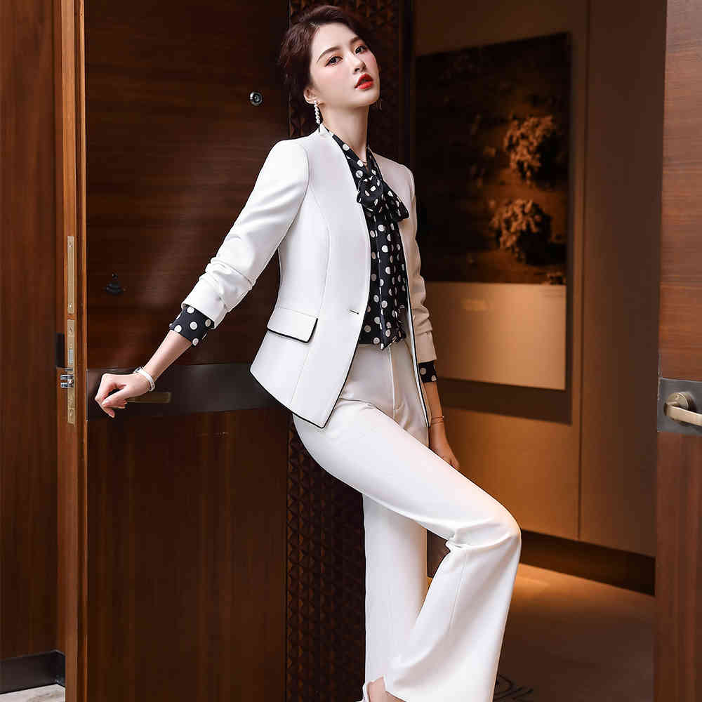 Women&#039;s Suits & Blazers women fashion pant suit black white solid slim V-neck Office Lady 2 piece set blazer jackets and wide leg IP7R