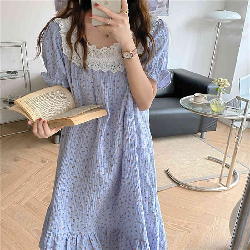 Casual Dresses Sweet Sleepwear Girls Florals Printed Home Wear Lace Patchwork Princess Women Chic Loose Cotton Pajamas Night 6LP1