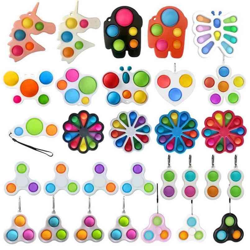 26 Styles Finger Fun Fidget Bubble Toys Push Simple Dimple Key Ring Sensory Squeeze Balls Keychain Unicorn Flower Butterfly