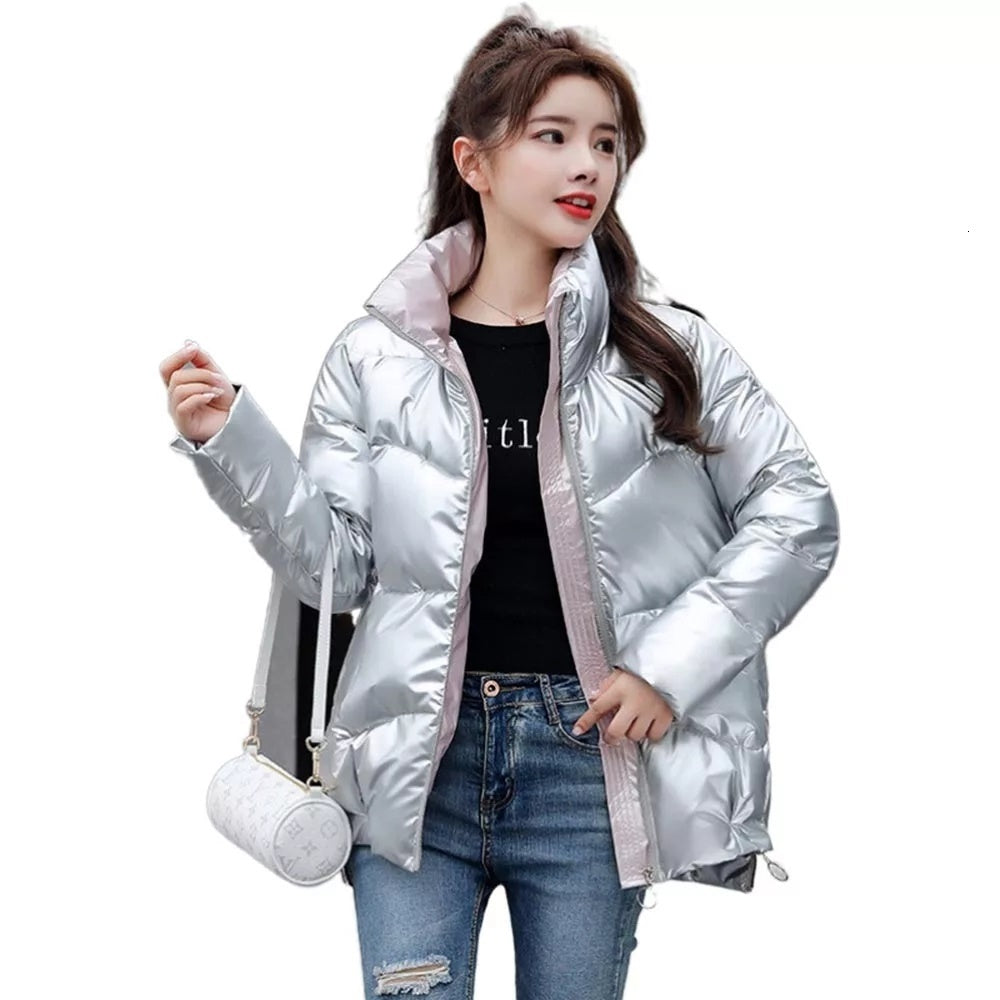 Women&#039;s Jackets Autumn Winter Coats Fashion Silver Stand Collar Parkas Cotton Jacket Female Pockets Clothes Warm Padded Outerwear