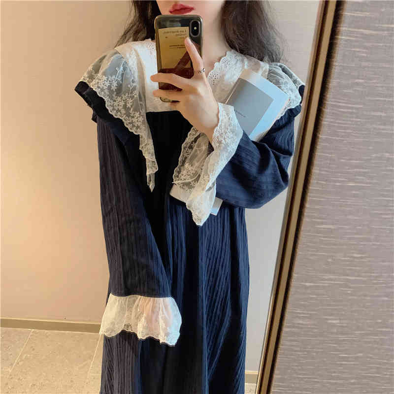 Casual Dresses V-Neck Sleepwear Lace Printing Sweet Women 2021 Cute Chic Comfortable Korean Cotton Fashion Pajamas Night ERUL