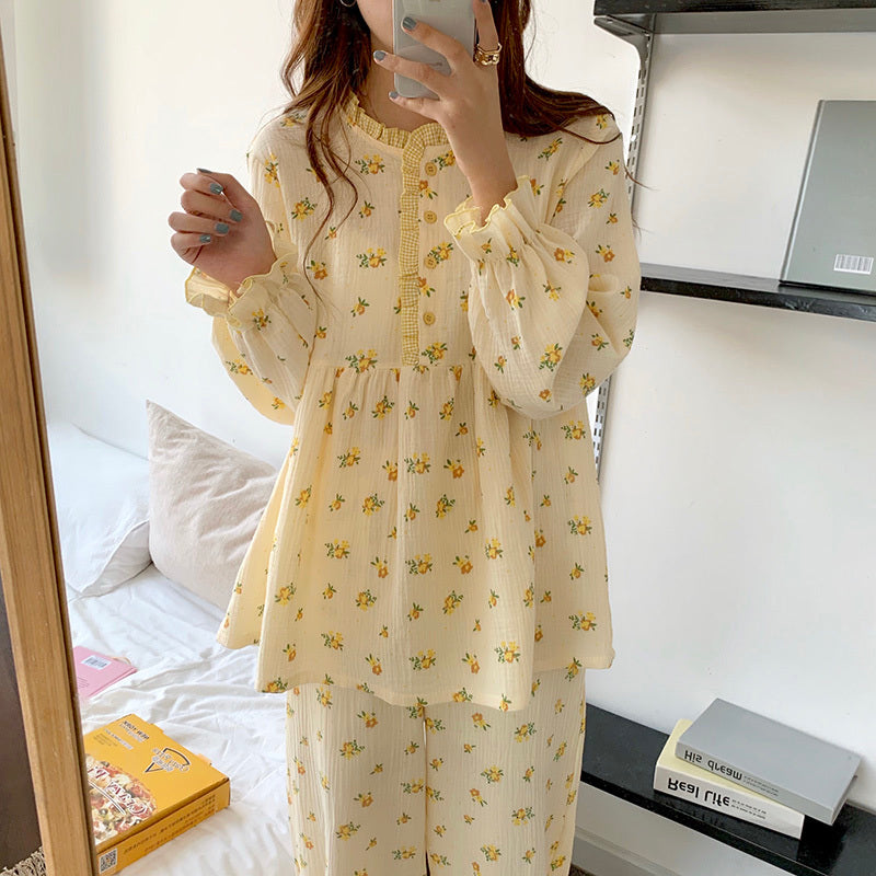 Casual Dresses Sweet Ruffles Girls Printed Florals Color-Hit Korean 2021 Fashion Plus Sleepwear Warm Cute Home Clothes Pajamas Sets 3G8Z
