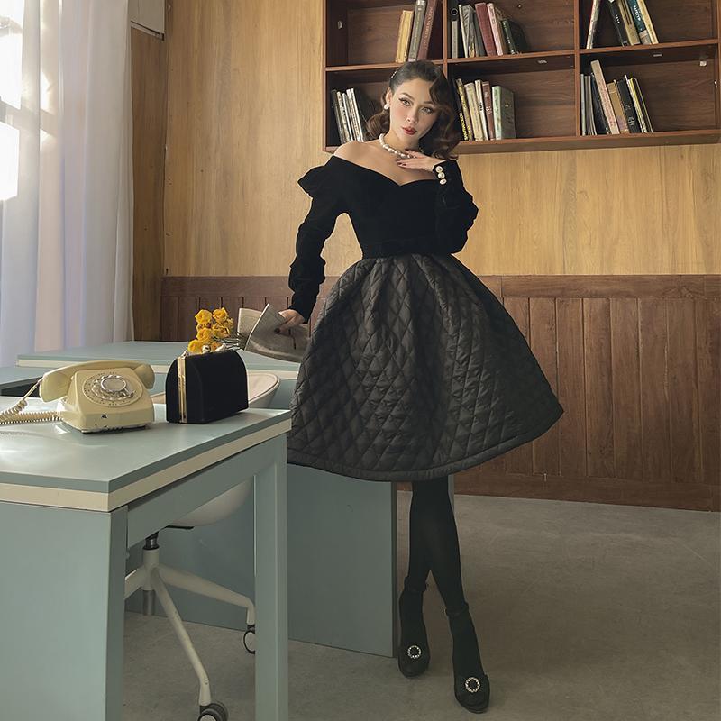 Skirts Le Palais Vintage 2021 Original Fall Winter Black High Waist Knee-length Thick All-match Fashion Elegant Ball Gown Skirts
