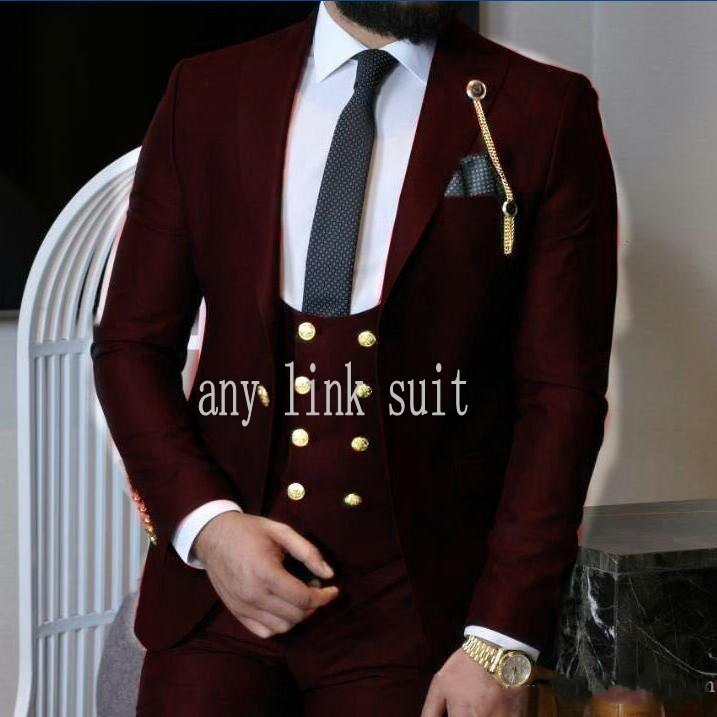 Wedding Tuxedos Latest Design One Button Black-Wine-Blue-Green Groom Peak Lapel Men Suits Three Pieces Business (Jacket+Pants+Vest+Tie)