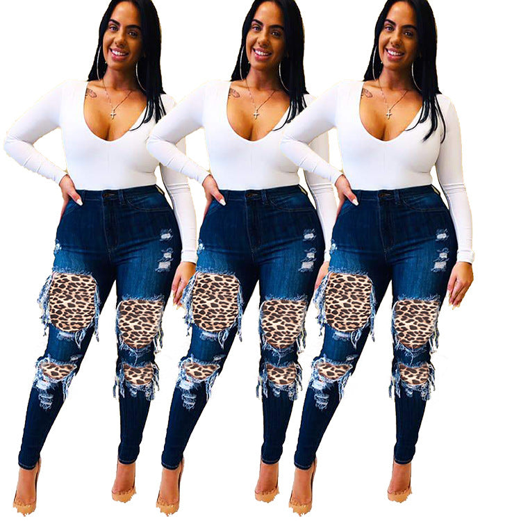 Autumn Fashion Leopard Printing Hollow Out Women Jeans High Waist Button Zipper Fly Pencil Pants Suitable High Street Wear