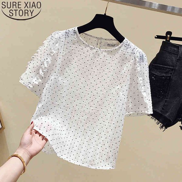 White Short Sleeve Dot Chiffon Shirts Sweet Women Blouses Summer Casual Round Collar Tops Ropa De Mujer Loose Blouse 9718 210417